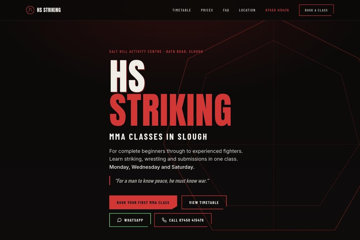The HS Striking website: MMA classes in Slough, with buttons to book a class, WhatsApp or call